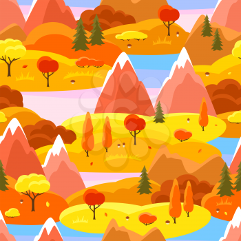 Autumn seamless pattern with trees, mountains and hills. Seasonal landscape illustration.