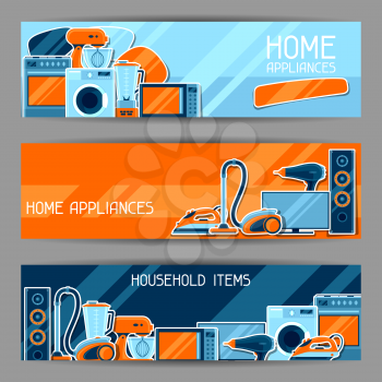 Banners with home appliances. Household items for sale and shopping advertising poster.