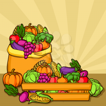 Harvest illustration with seasonal fruits and vegetables.