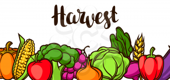 Harvest festival banner. Autumn illustration with seasonal fruits and vegetables.