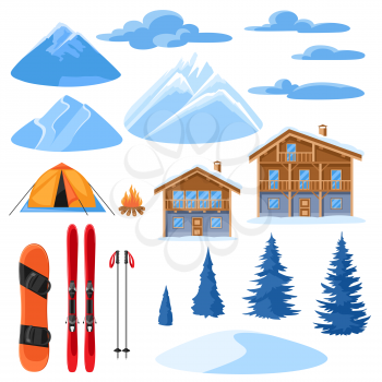 Winter set for design. Alpine chalet houses, snowboard, ski, snowy mountains and fir trees.
