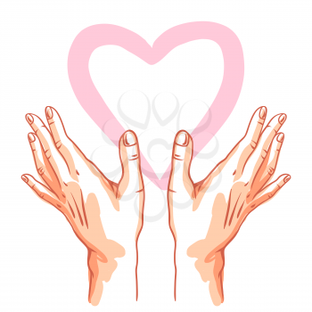 Two hands holds heart. Illustration of helping each other, care and protection.