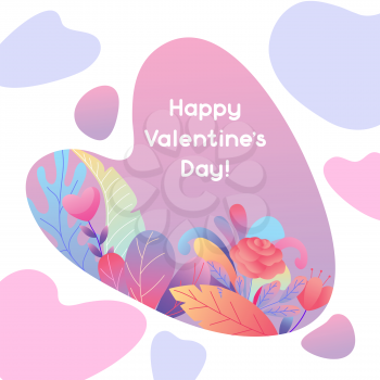 Valentine Day greeting card. Background with romantic flowers and hearts. Beautiful decorative plants.