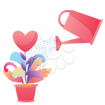 Happy Valentine Day greeting card. Background with with watering can and flowers.