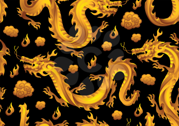 Seamless pattern with Chinese dragons. Traditional China symbol. Asian mythological golden animals.
