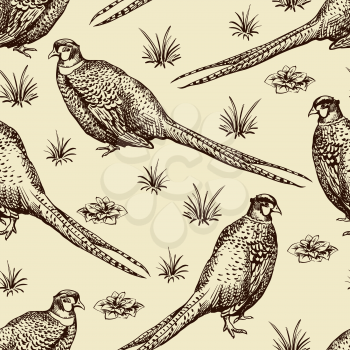Seamless pattern with pheasants. Antique engraving illustration with birds.