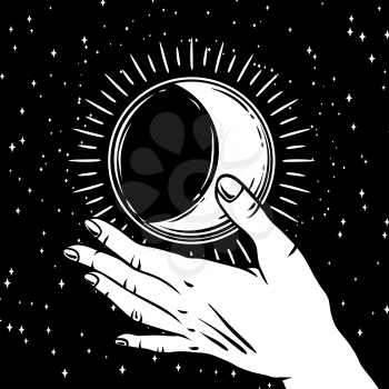 Open hand with vintage moon. Spirituality, astrology and esoteric concept. Black and white hand drawn illustration.
