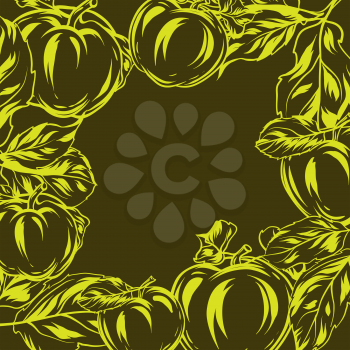 Background with apples and leaves. Stylized hand drawn fruits.
