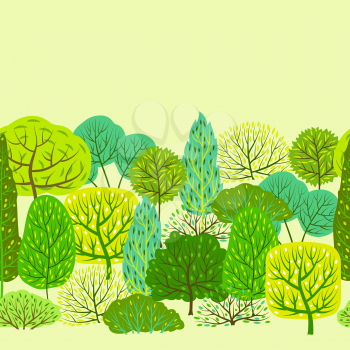 Spring or summer seamless pattern with stylized trees. Natural illustration.
