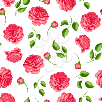 Seamless pattern with red roses. Beautiful decorative flowers, buds and leaves.