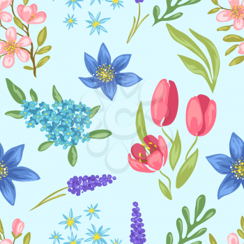 Seamless pattern with spring flowers. Beautiful decorative natural plants, buds and leaves.