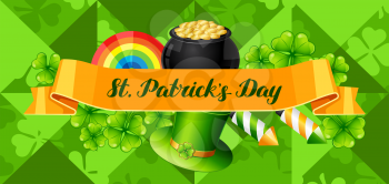 Saint Patricks Day banner. Holiday illustration with Irish festive national items.