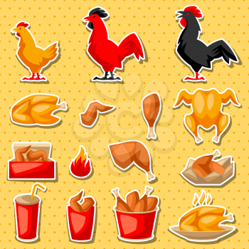 Fast food fried chicken meat. Icon set of legs, wings and basket.