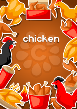 Fast food fried chicken meat. Background with legs, wings and basket.