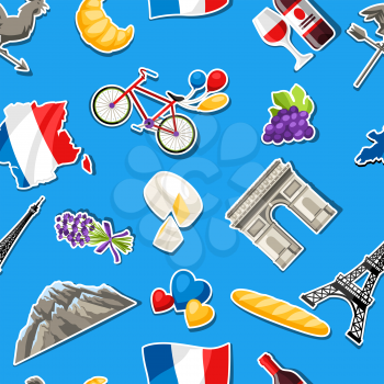 France seamless pattern. French traditional sticker symbols and objects.