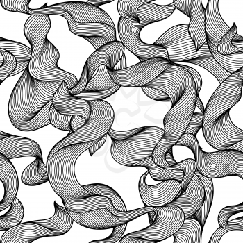 Seamless wave hair line pattern. Monochrome stripes black and white texture.