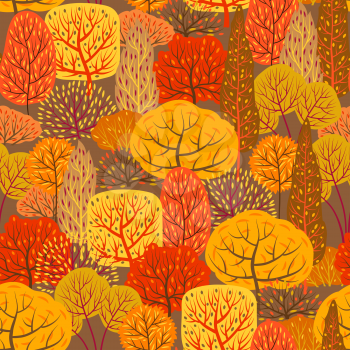 Seamless pattern with autumn stylized trees. Landscape seasonal illustration.