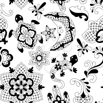 Mexican lace seamless pattern. Traditional decorative objects. Talavera ornamental ceramic. Ethnic folk ornament.