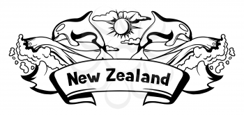 New Zealand print design. Oceanian traditional symbols and attractions.
