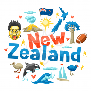 New Zealand background design. Oceanian traditional symbols and attractions.