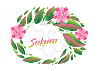 Background with sakura or cherry blossom. Floral japanese ornament of blooming flowers and leaves.
