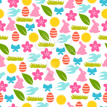 Happy Easter seamless pattern with holiday items. Background can be used for holiday prints, textiles and greeting cards.