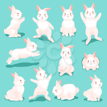 Set of cute Easter Bunnies. Cartoon rabbits smile characters for traditional celebration.