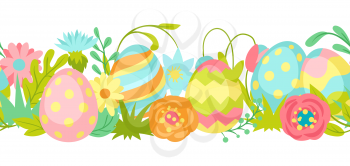 Happy Easter seamless pattern. Cute eggs and flowers for traditional celebration.