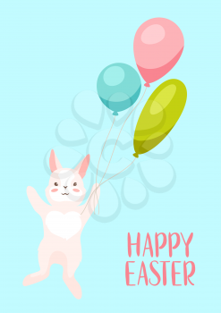 Happy Easter greeting card. Holiday illustration with bunny and balloons.