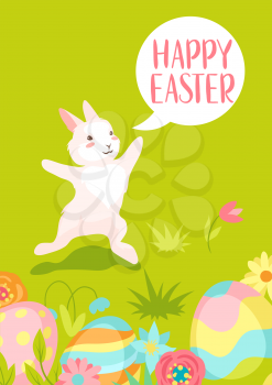 Happy Easter greeting card. Holiday illustration with bunny and eggs.