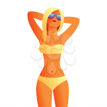 Girl in bikini on beach. Beautiful tanned blond woman in sunglasses.