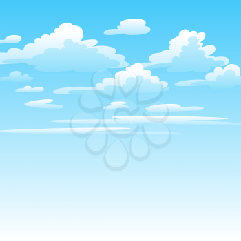 Illustration of clouds in sky. Card or background with heaven and sunny day.