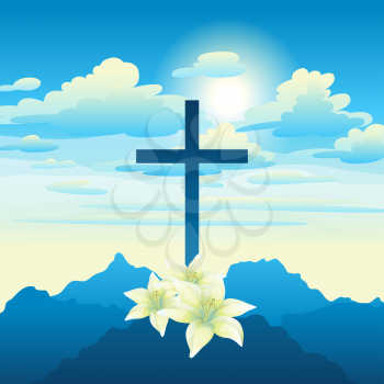 Easter illustration. Greeting card with cross and lilies. Religious symbol of faith.