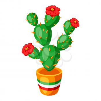 Illustration of spiny cactus with flowers. Mexican flag on pot.