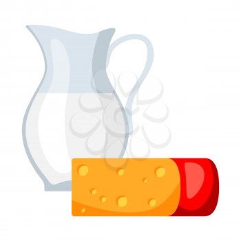 Icon of dairy products, milk and cheese. Illustration solated on white background.