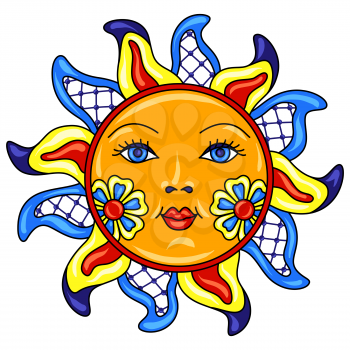 Mexican sun with ornamental flowers. Traditional decorative object. Talavera ceramic pattern. Ethnic folk ornament.