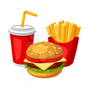 Illustration with fast food meal. Soda, fries and burger. Tasty fastfood lunch products.