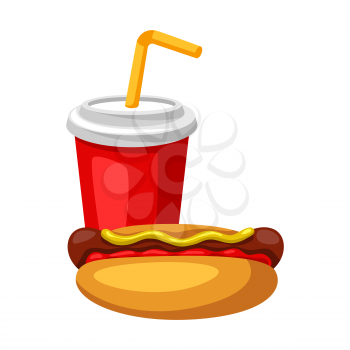 Illustration with fast food meal. Soda and hot dog. Tasty fastfood lunch products.