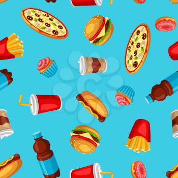 Seamless pattern with fast food meal. Tasty fastfood lunch products. Background for menu or advertising.