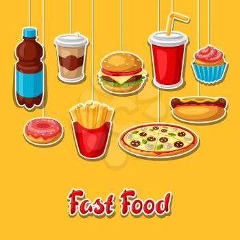 Background with fast food meal. Tasty fastfood lunch products. Design for menu or advertising.