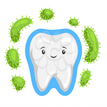 Illustration of tooth is protected from bacteria. Children dentistry sad character. Kawaii facial expression.
