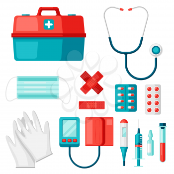 First aid kit equipment. Medical instruments for emergency assistance.  #1857748