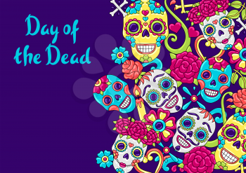 Day of the Dead invitation card. Sugar skulls with floral ornament. Mexican talavera ceramic tile traditional decorative objects.