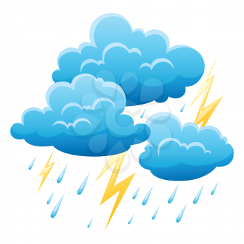 Background with thunderstorm. Cartoon illustration of clouds, rain and lightning.