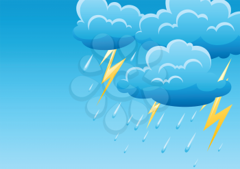 Background with thunderstorm. Cartoon illustration of clouds, rain and lightning.