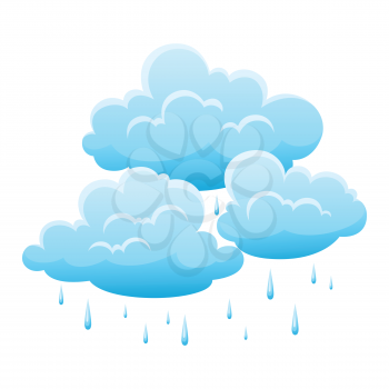Blue clouds and raindrops on white background. Cartoon cloudscape illustration.
