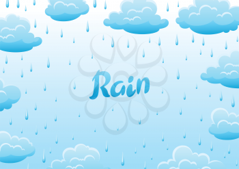 Blue clouds and raindrops on white background. Cartoon cloudscape illustration.