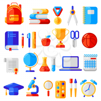 School and education icons, symbols, objects set. Illustration in trendy flat style.