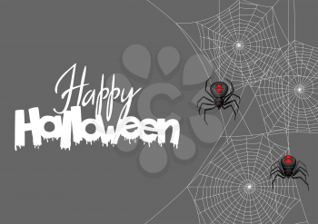 Background with black widow spiders. Banner for Happy Halloween holiday.