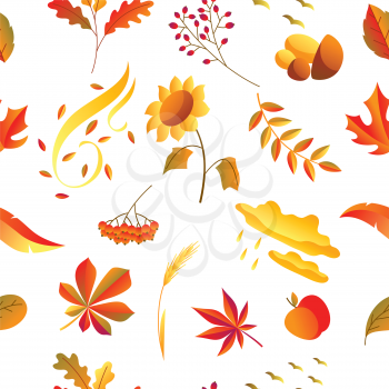 Seamless pattern with stylized autumn items. Falling leaves, berries and plants.
